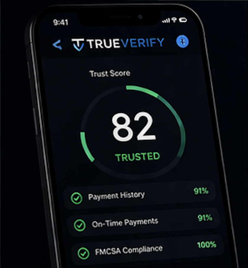TrueVerify app showing Trust Score 82, Payment History 91%, On-Time Payments 91%, FMCSA Compliance 100%