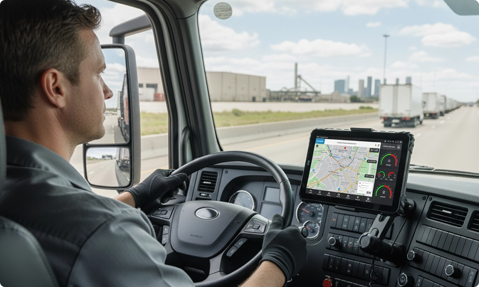 Truck driver using TrueVerify technology in cab
